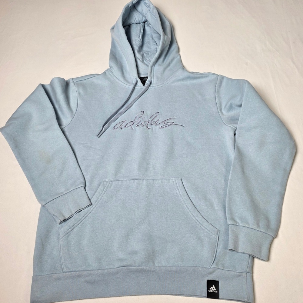 Adidas Hoodie Womens S‎ Light Blue Script Logo Embroidered Pullover Sweatshirt